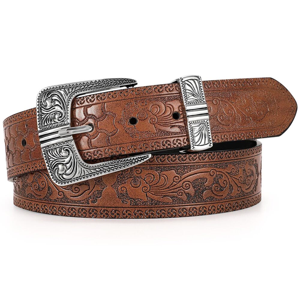 3897 Western Leather Belts For Women Men Vintage Engraved Cowboy Cowgirl
